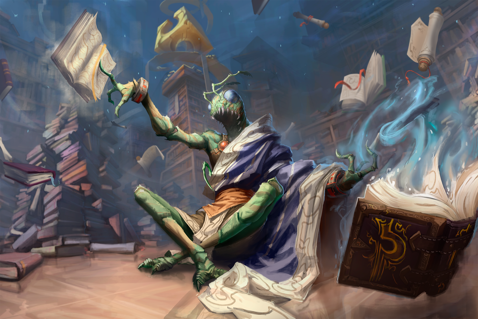 A shirren sitting amongst a large stack of books