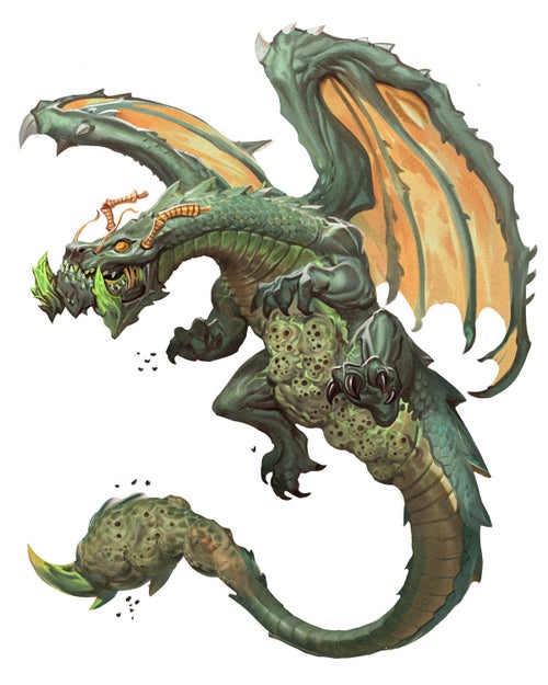 Host Dragon, artist Sophie Medvedeva: art of a host dragon, a large yellow-green swarming with insects and bloated with bulbous hives.