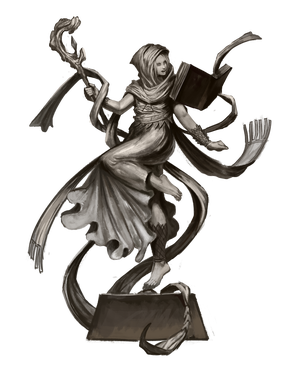 Artist Nicolas Espinoza : A statue of a slightly younger Alyreha, looking overjoyed and holding a large, elaborate spellbook. She’s posed as if in mid-dance, holding a staff and barefoot.