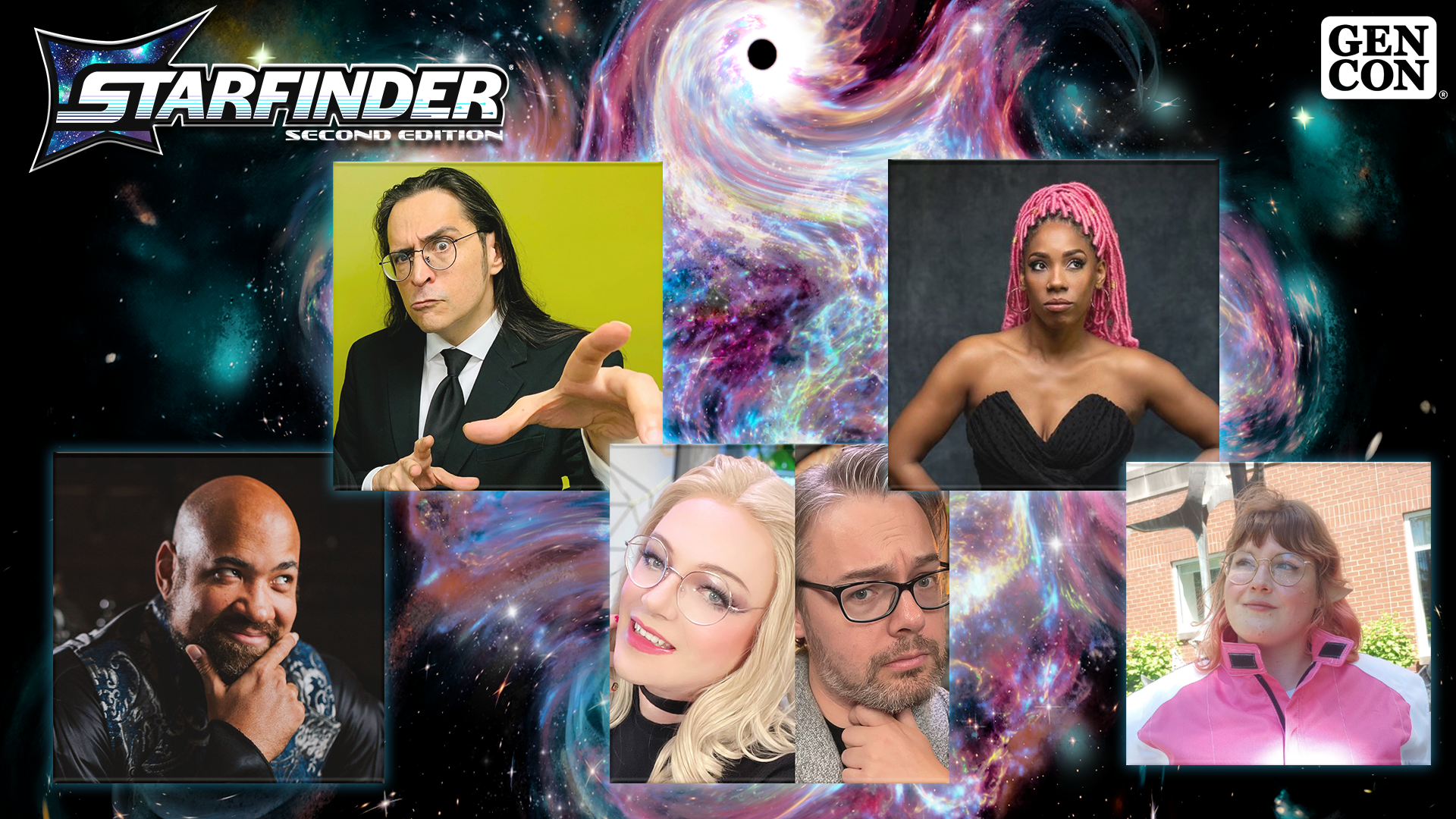 Starfinder Second Edition Live Show at GenCon, featuring headshots of Mark Meer, Krystina Arielle, B. Dave Walters, and Mark Hulmes