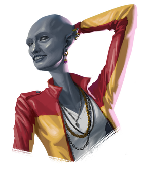 artist Samuel Jr. : A sarcesian sports star on her day off, wearing a stylish jacket. She’s bald and is smiling.