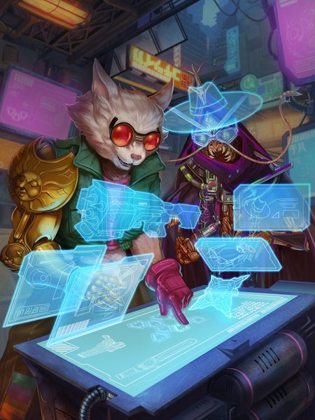 art by Gunship Revolution: Dae the iconic solarian and Chk Chk the iconic mystic are shopping on the infosphere. Dae’s checking out the specs of a laser gun while Chk Chk tries on a holographic top hat. 