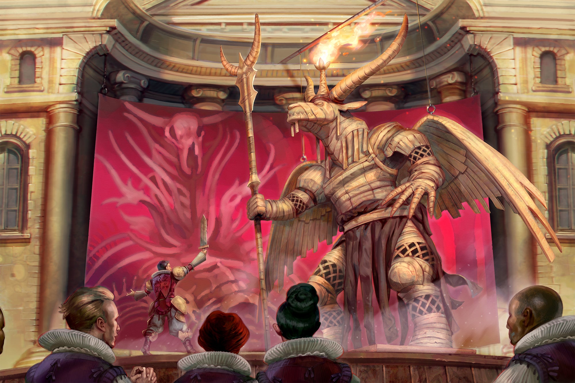Kitharodian Academy exhibit, art by Mirco Paganessi. Academy attendees watching an exhibit on a rasied stage featuring a humanoid figure battling a large, horned creature 