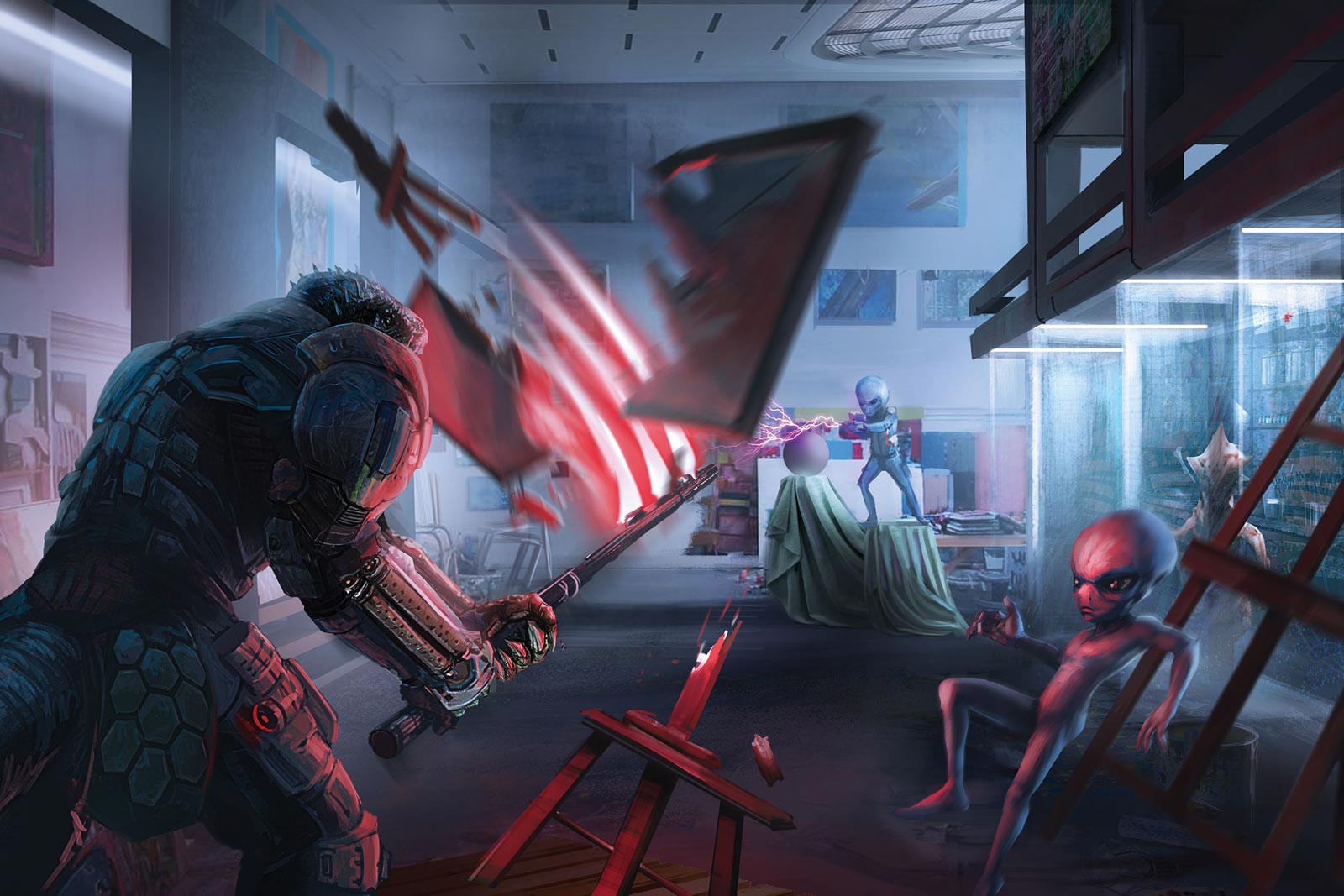 An armored vesk slicing a large canvas that had been launched across a room by a small grey alien