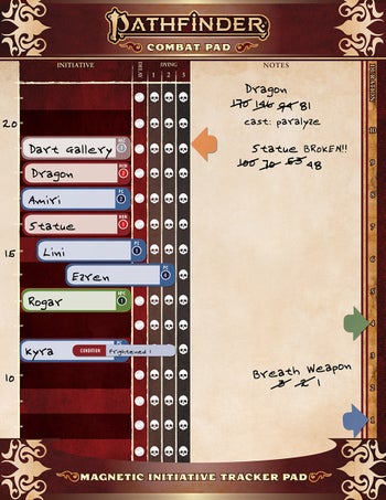Pathfinder Second Edition Combat Pad: A dry erase pad with moveable name that can track where players are in a turn order, one side is a counting turn tracker and the other side is a blank space for note taking