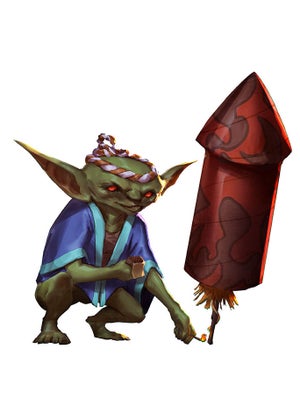 A goblin in a blue robe with a headband lighting a large red firework