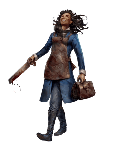 Lepidstadt Surgeon by Mirco Paganessi. A woman in a leather apron, walks, laughing while holding a work bag in one hand and a bloody bone saw in the other.