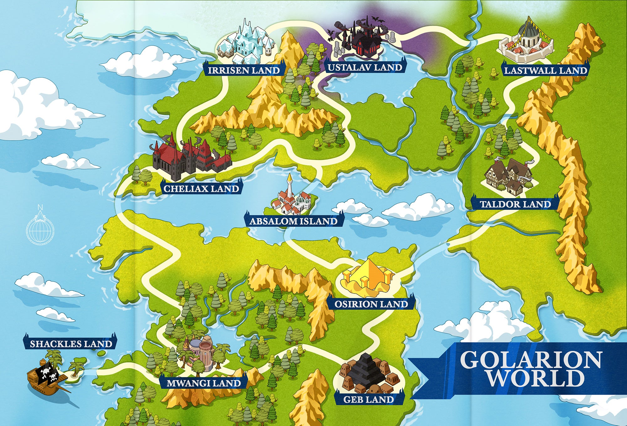 Golarion World Map - Illustration by Damien Mammoliti : A theme park map of Golarion World.