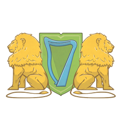 art by Riccardo Rullo. Kitharodian Academy symbol featuring two gold lions on either side of a blue harp over a green shield