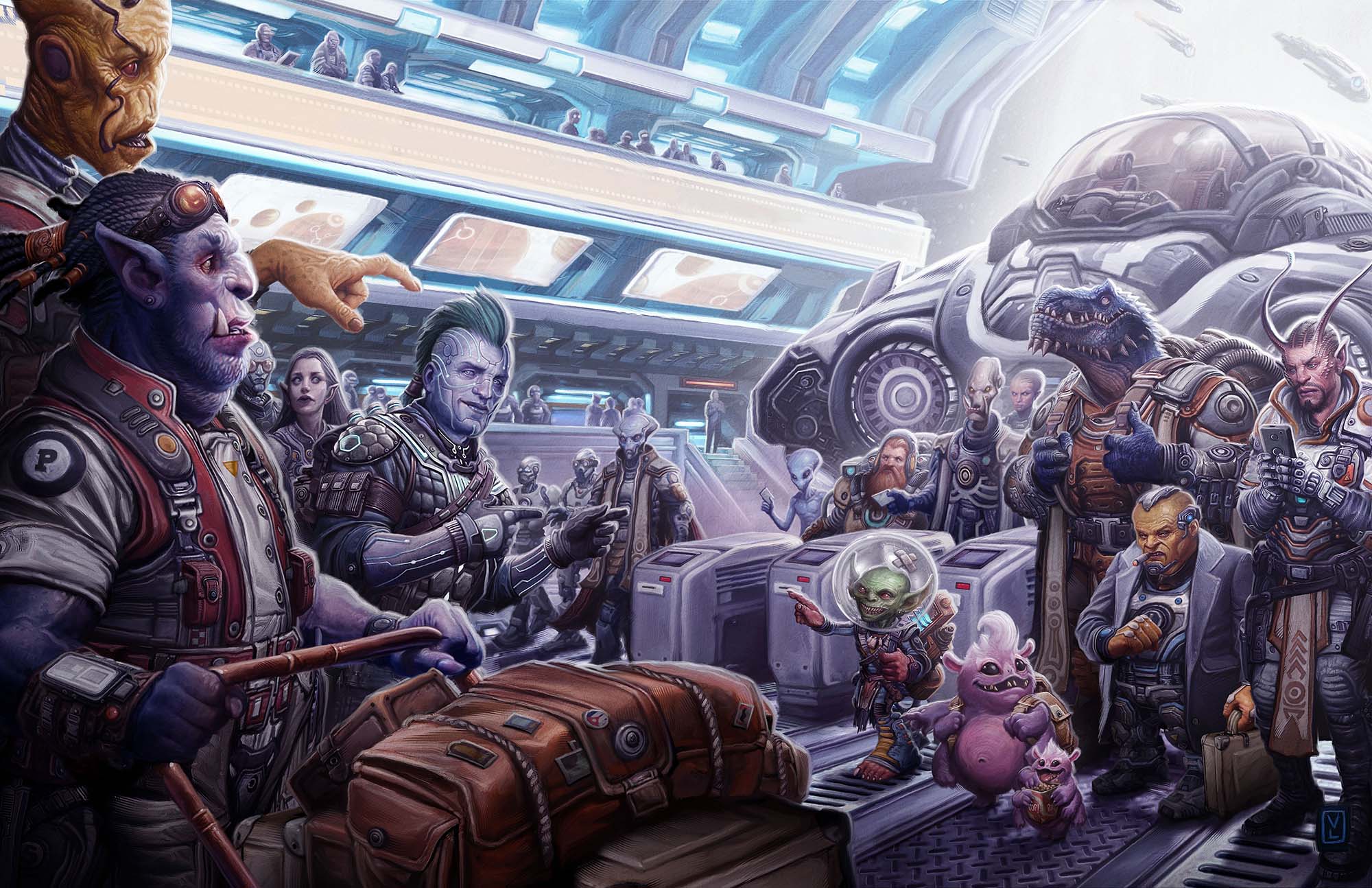 A packed travel hub full of different alien races of the galaxy, in the foreground is a blue skinned orc pushing a trolley full of luggage, leading the group of travelers disembarking is a skittermander and their baby