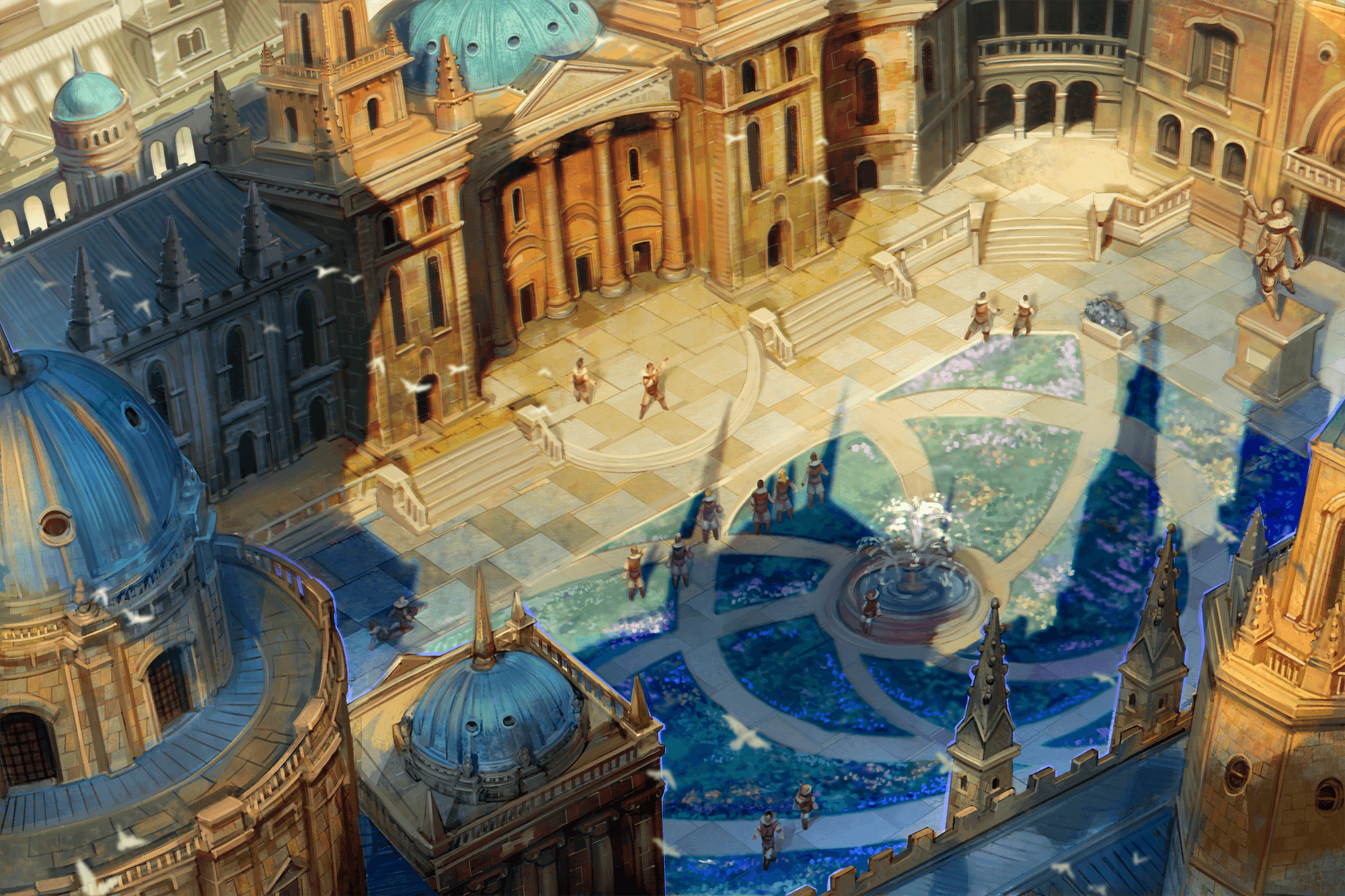 Kitharodian Academy campus, art by Mirco Paganessi. An aerial view of the Kitharodian academy campus featuring a lively courtyard with a fountain in the center