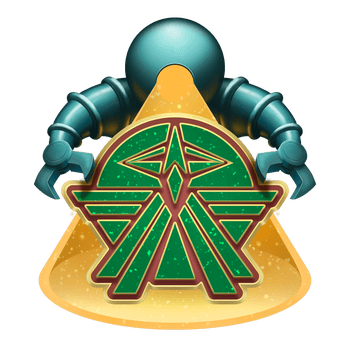 Illustration by Kevin Sardinha: A cartoon robot shines a spotlight on the logo of the Starfinder Society, coming in from above with arms poised to seize the logo