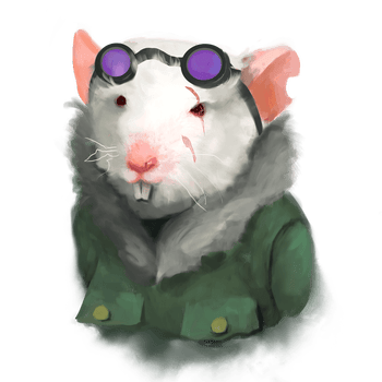 A white furred ysoki, with a scarred face, wearing a green jacket and goggles on their head.