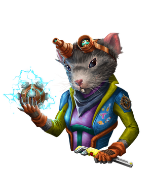 Betsy Blast, artist Allan Santos da Silva : A female ysoki ratfolk wearing goggles and holding a metal ball sparking with electricity.