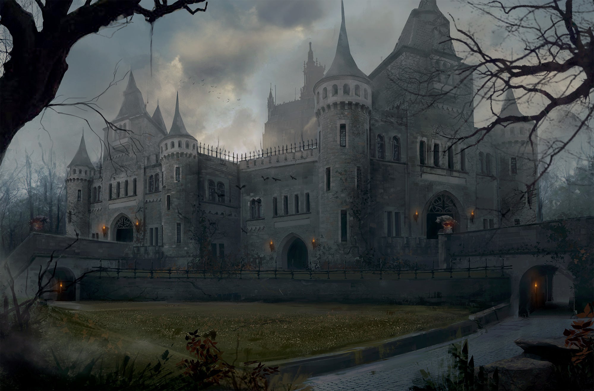 Lepidstadt Campus by Sandra Posada. A large, dark, stone castle on a cloudy day with small peaks of sunlight