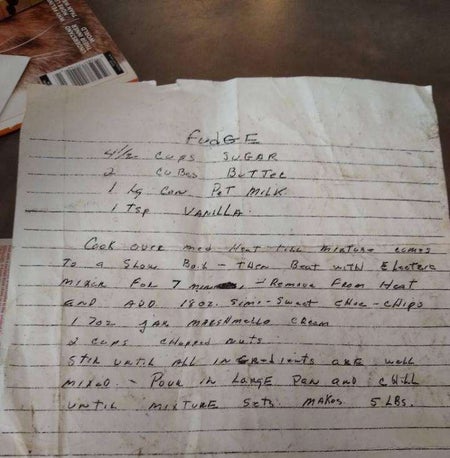 A picture of my grandmother’s fudge recipe, which has clearly been photocopied several times.
