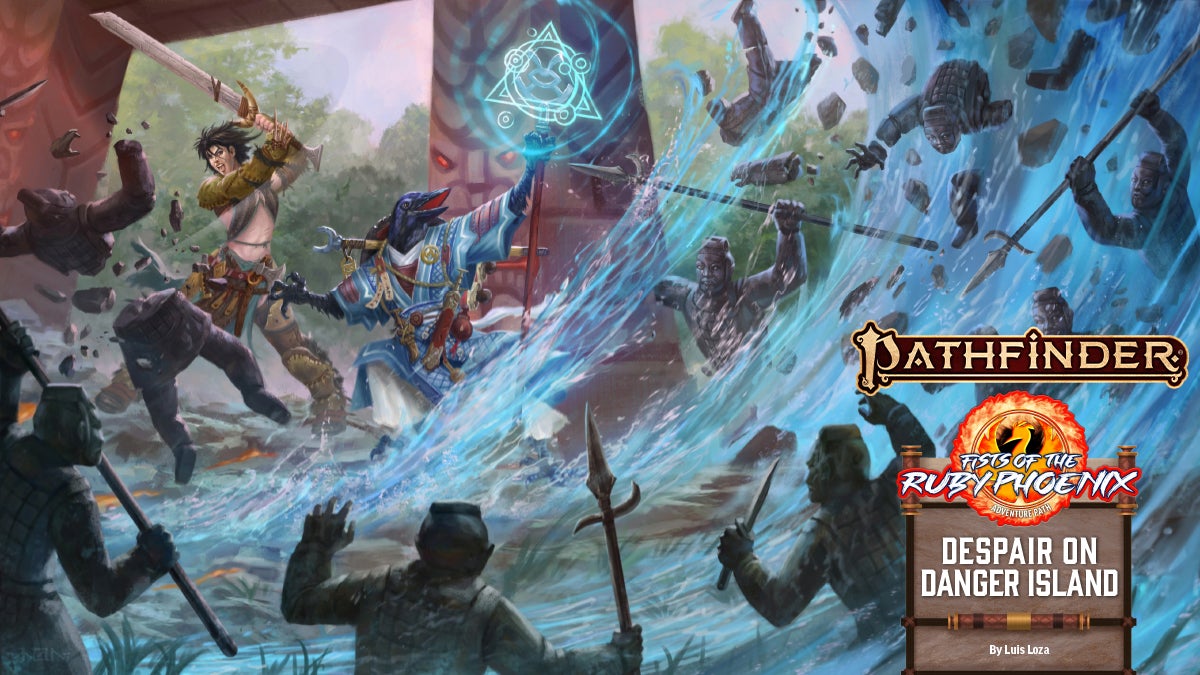 Pathfinder Adventure Path Fists of the Ruby Phoenix: Despair on Danger Island. Iconics Amiri and Korakai fight their way through a number of animated statues