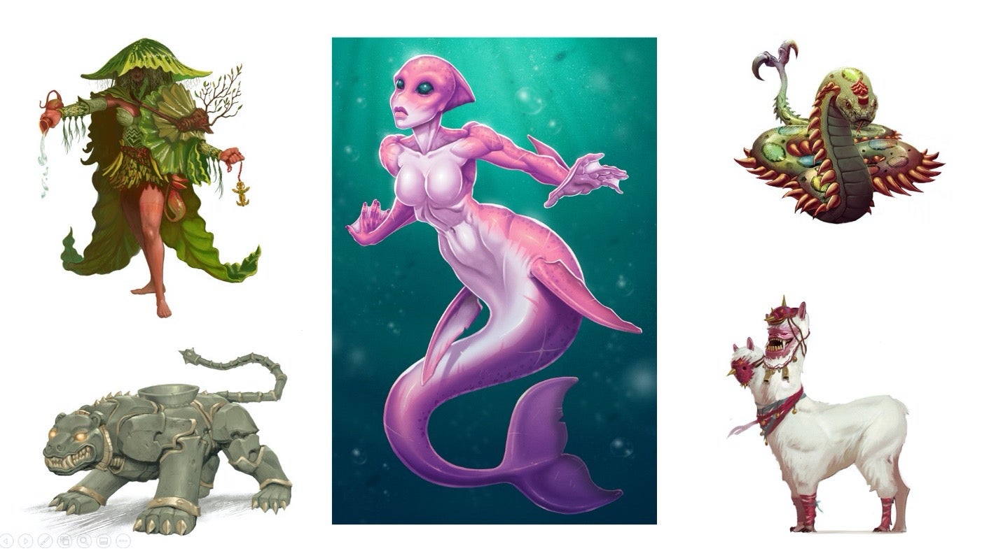 5 monsters: a fey woman dressed in leaves, stone jaguar, pink dolphin/mermaid, multicolored snake with spines along its sides, and 2-headed llama wearing death masks