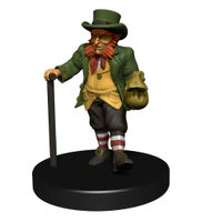 Mini figure of of a leprechaun with ginger muttonchops, a green jacket and tophat, and a bag of gold