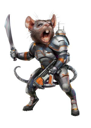 An armored ysoki soldier wielding a machete