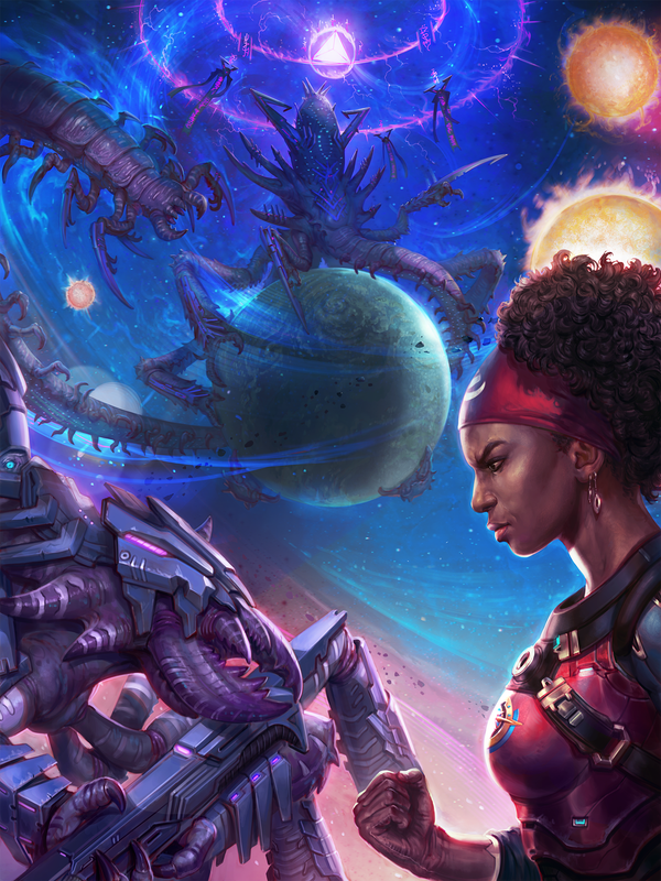 Illustration by Mirco Paganessi : Scoured Stars cover art featuring first seeker Luwazi Elsebo
