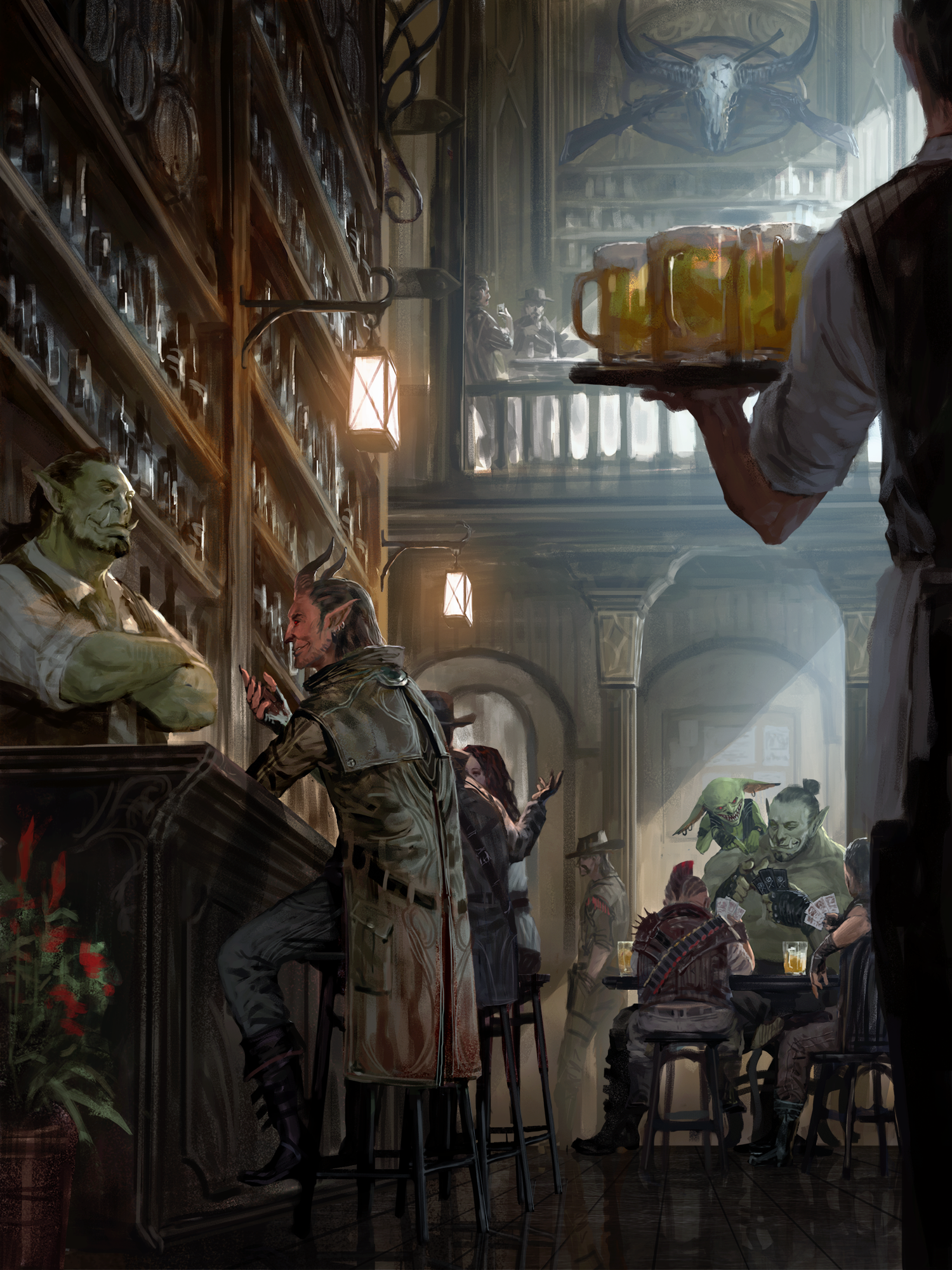 Illustration by Tuan Duong Chu: a bustling saloon full of waitstaff, patrons enjoying a drink or enjoying a conversation with the barkeep