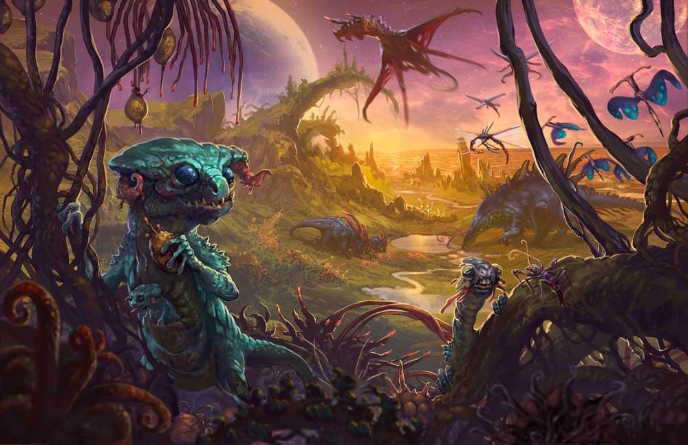 A view of a lush jungle world full of diverse alien wildlife