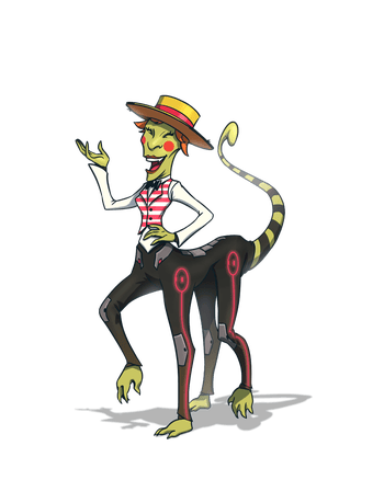 Auntie Khalin: A green skinned, four legged, jovial alien dressed in a red and white horizontally striped vest with a flat brimmed hat.