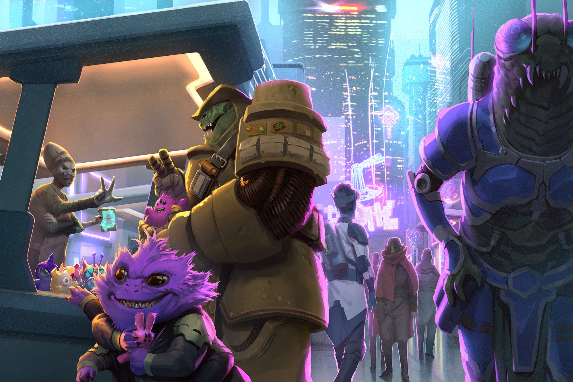 Starfinder iconic soldier, Obozaya, a reptilian vesk alien, shopping in a crowded market. Next two her, a purple skittermander with a sly expression swipes toys off the counter of the booth Obozaya is shopping at.