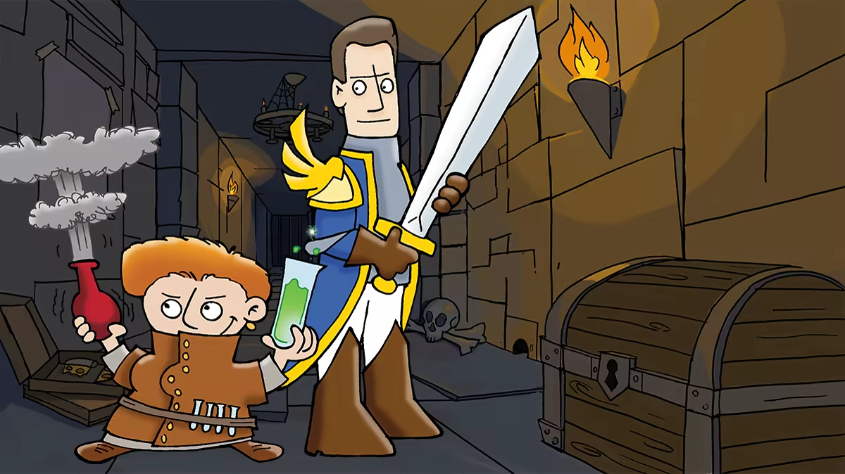 Munchkin Pathfinder. A cartoon styled illustration of two adventurers picking up loot in a dungeon lit by tourchlight.