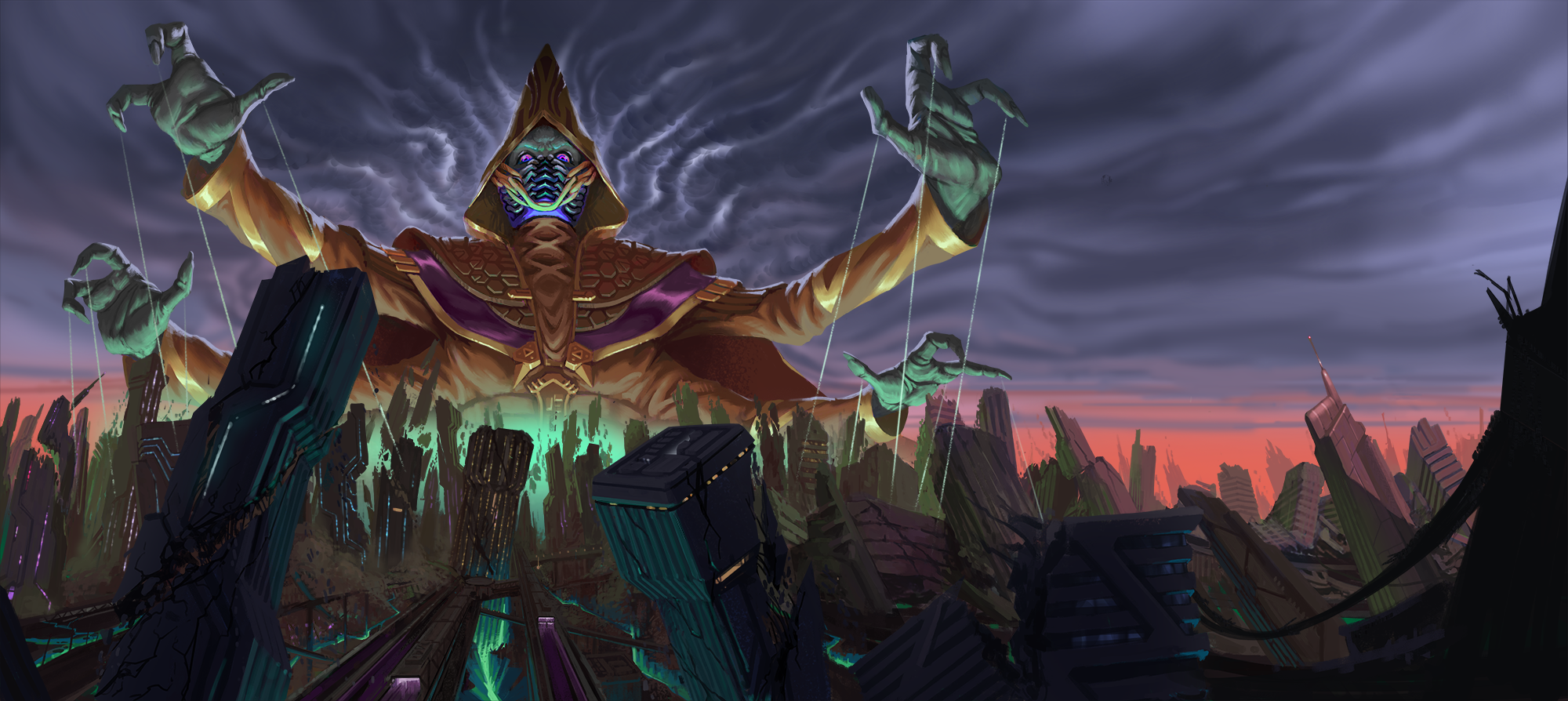 Illustration by Samuel Jr. - A witchwyrd looms over a crumbling cityscape. Puppeteer’s strings trail from her fingertips to the destruction.