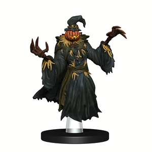 A mini figure of a scarecrow in dark robes with large stick-like hands and a jack-o-lantern for a head