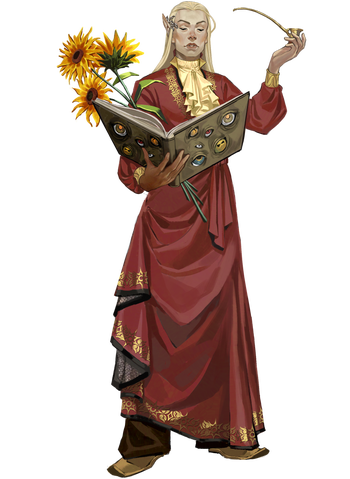 Illustration by Carol Azevedo : Kreighton Shane, the elven Master of Scrolls of the Pathfinder Society, reads from a large tome covered in eyes.