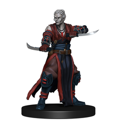Mini figure of a hollowborn rogue, a drow with their hair pulled back in dark leathers and red and blue robes