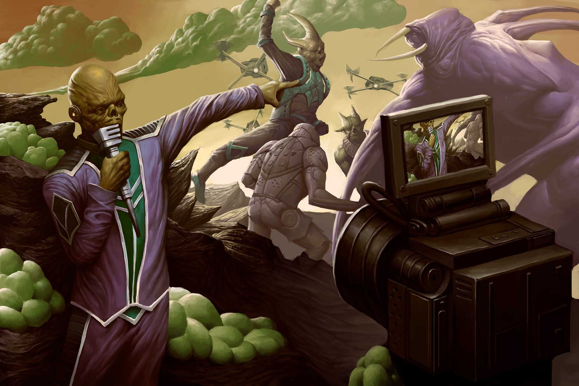 An undead humanoid holding a microphone stands in front of a video camera. He’s pointing at a scene behind him in which some aliens are fighting a much larger monster on a weird planet