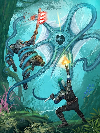 Illustration by Kiki Moch Rizky: Iconic Android, Iseph fires on a large teal creature with long tentacles, one of which is wrapped around iconic vesk, Obozaya, lifting her off the ground as she slices at its appendages