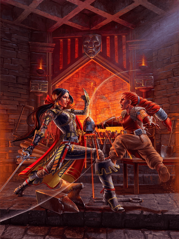 Jirelle, the iconic swashbuckler, fights an angry dwarf. Art by Luis Salas Lastra