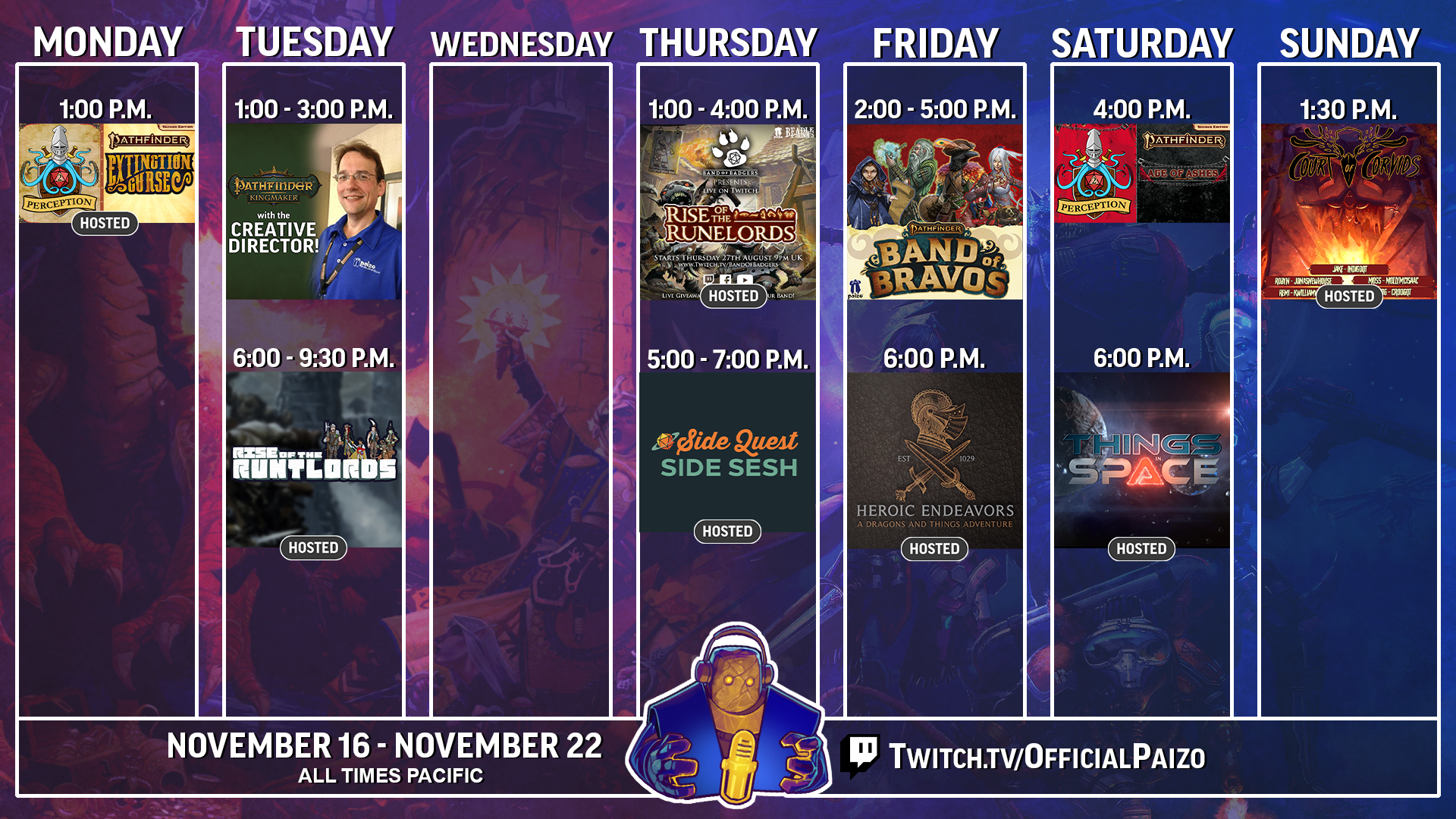 Official Paizo twitch streaming schedule for November 16 to the 22