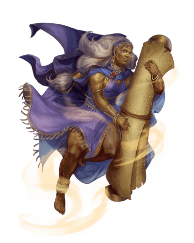 Art by Mirco Paganessi, A gennayn dressed in purple robes holding a rolled up scroll as tall as they are