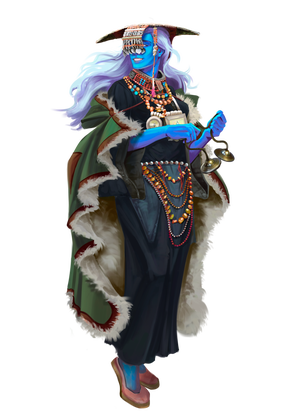 Art by Paulo Magalhães: A blue skinned, white haired humanoid figure wearing a dark blue dress with beaded jewelry and vail