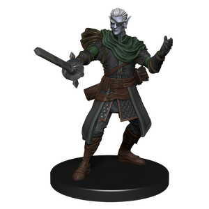 a mini figure of a drow in an eye patch, wearing chainmail and leather armor, holding his rapier out in the 'en garde' position