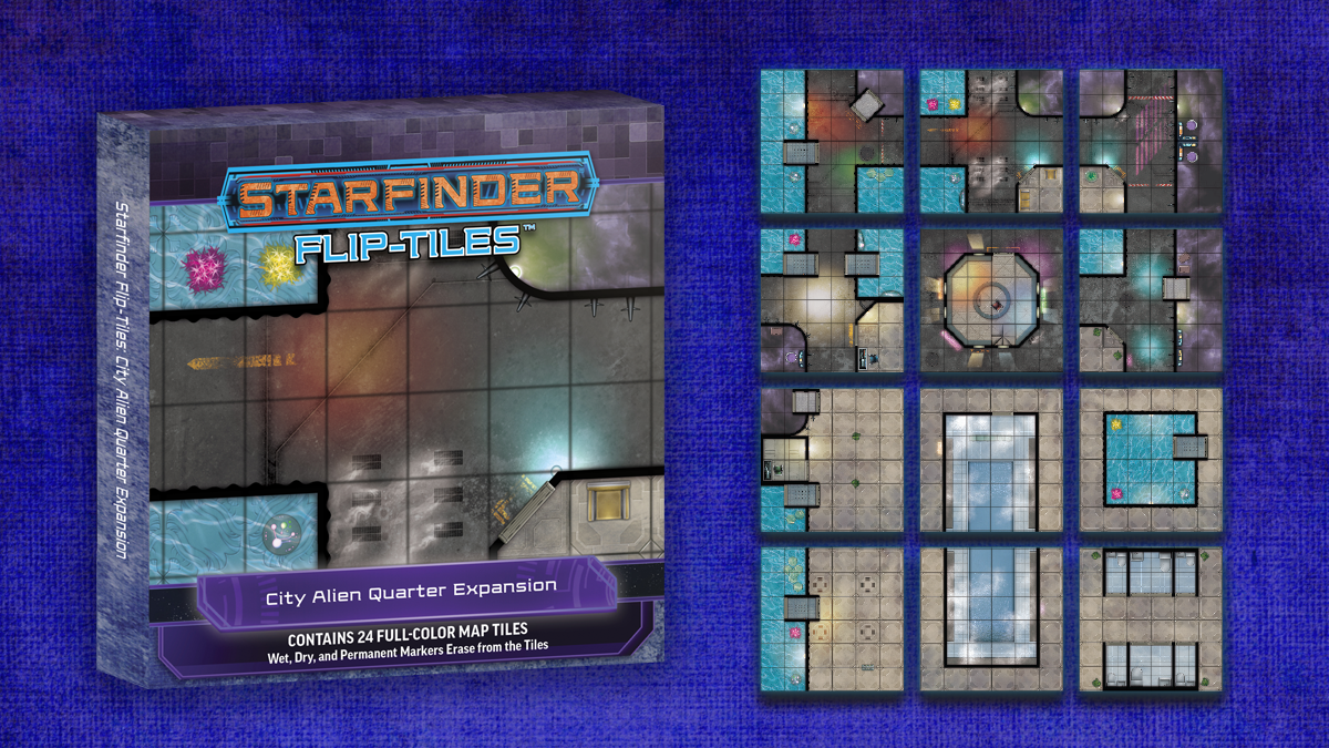 Starfinder Flip-Tiles City Alien Quarter Expansion. Square tiled flip mats featuring different parts of an expanded city