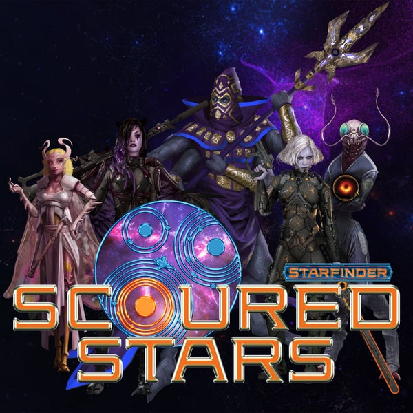 Scoured Stars text logo and  player character art on a space background
