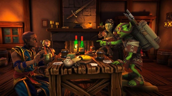 a gameplay screenshot of the player characters in a tavern