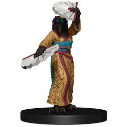 Mini figure of a tengu in a gold robe with a light blue sash, dancing with two large fans