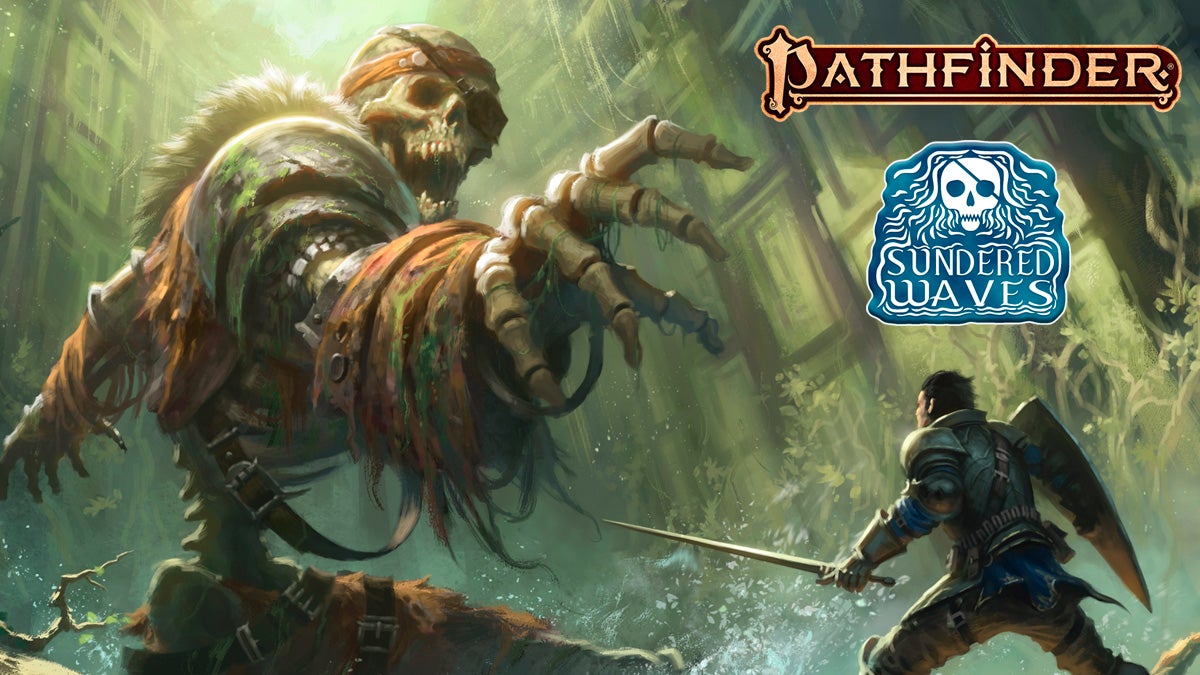 Pathfinder Sundered Waves: Iconic fighter Valeros faces off against a giant skeleton