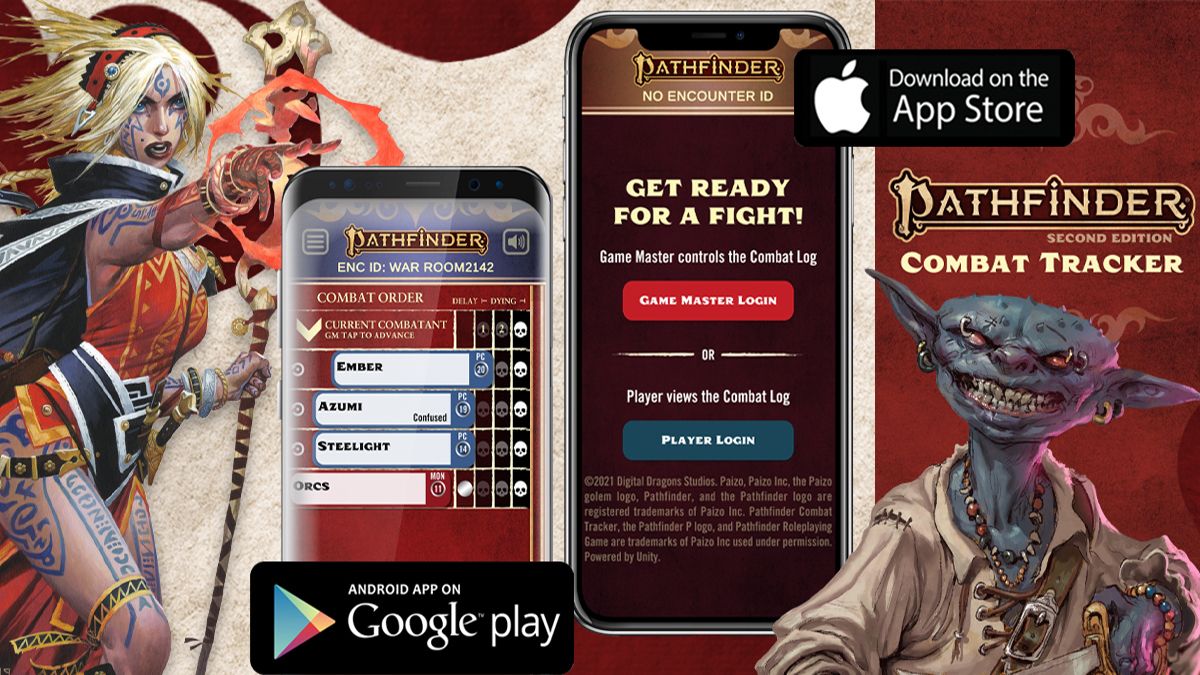 composite image of the Pathfinder Combat Tracker App UI with a goblin and Pathfinder Iconic sorcerer Seoni in the background