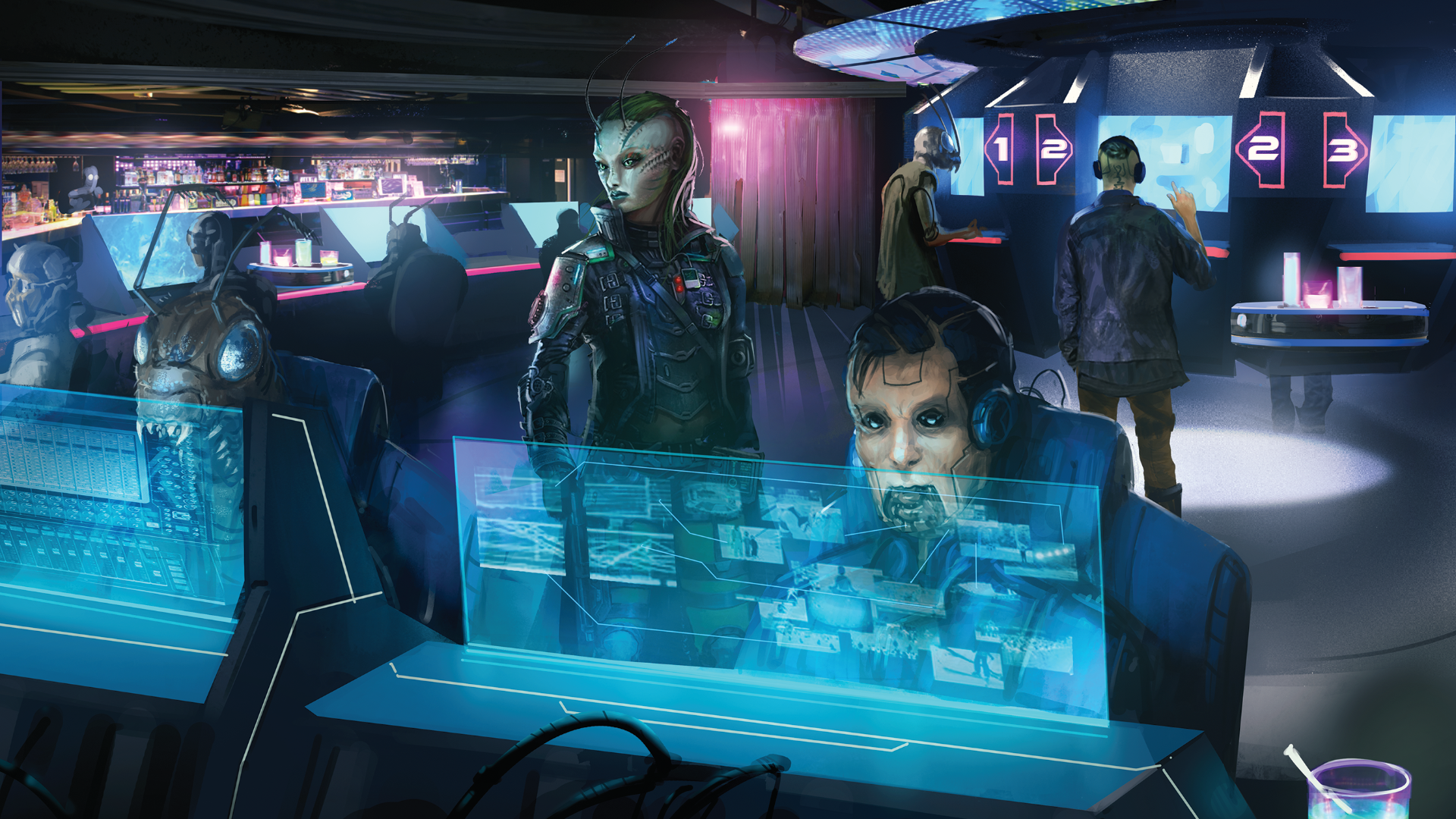 A diverse group of aliens all standing and sitting around different consoles