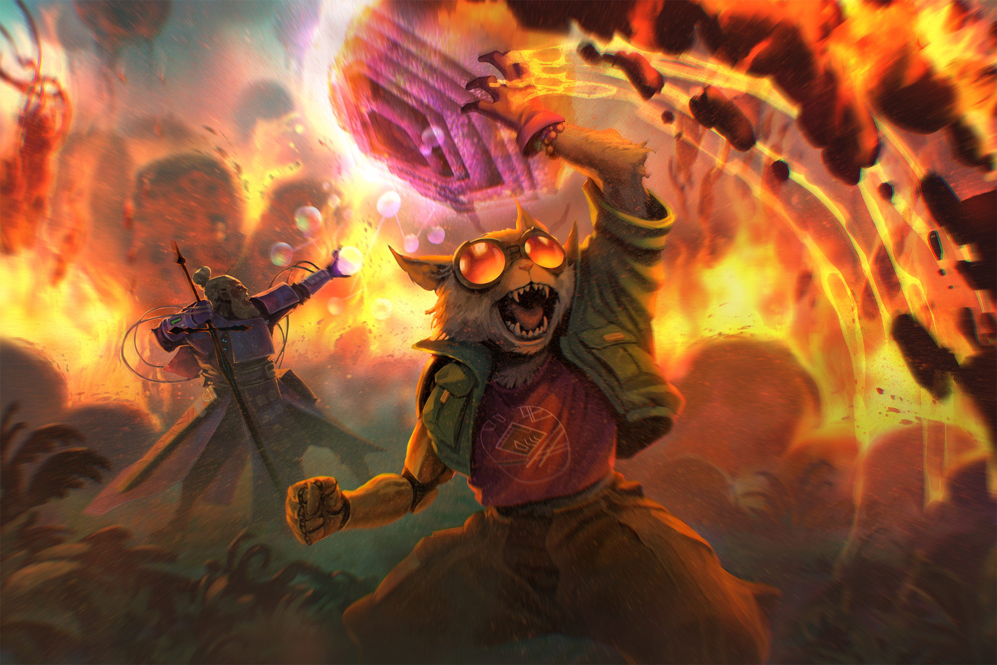 Art by Ivan Koritarev: starfinder iconics surounded by large fires and explosions