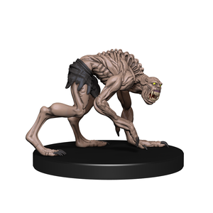 A mini figure of a vrykolakas, a crouched undead creature with long limbs, clawed fingers and toes, fangs, and bright yellow eyes